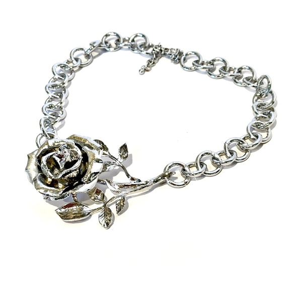 BOLD ROSE | Dramatic Sculpted Silver Rose Choker Necklace | NWOT - Picture 8 of 12